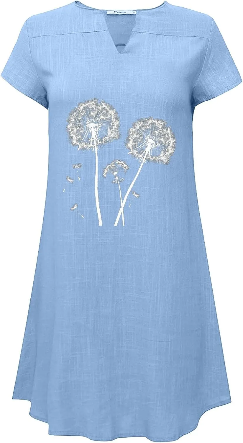 Womens 2025 Cotton Linen T Shirts Dress Summer Casual V Neck Short Sleeve Mini Dresses Floral Print Beach Sundress