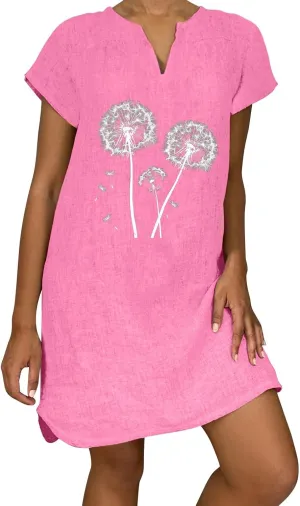 Womens 2025 Cotton Linen T Shirts Dress Summer Casual V Neck Short Sleeve Mini Dresses Floral Print Beach Sundress
