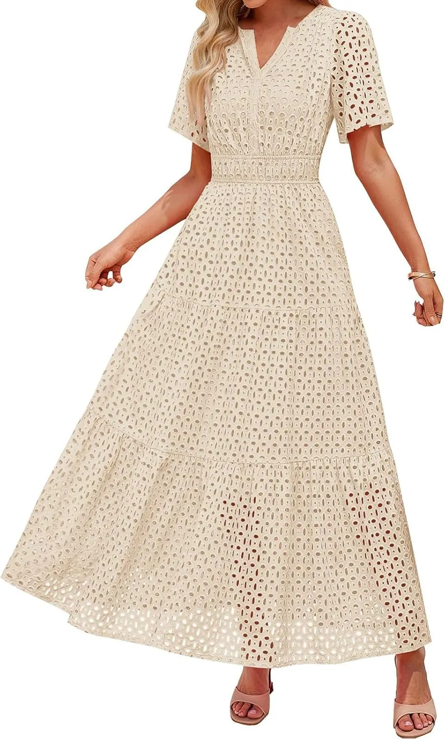 Women's 2025 Summer V Neck Hollow Out Casual Eyelet Ruffle Swing A Line Dress Short Sleeve Boho Long Maxi Dresses