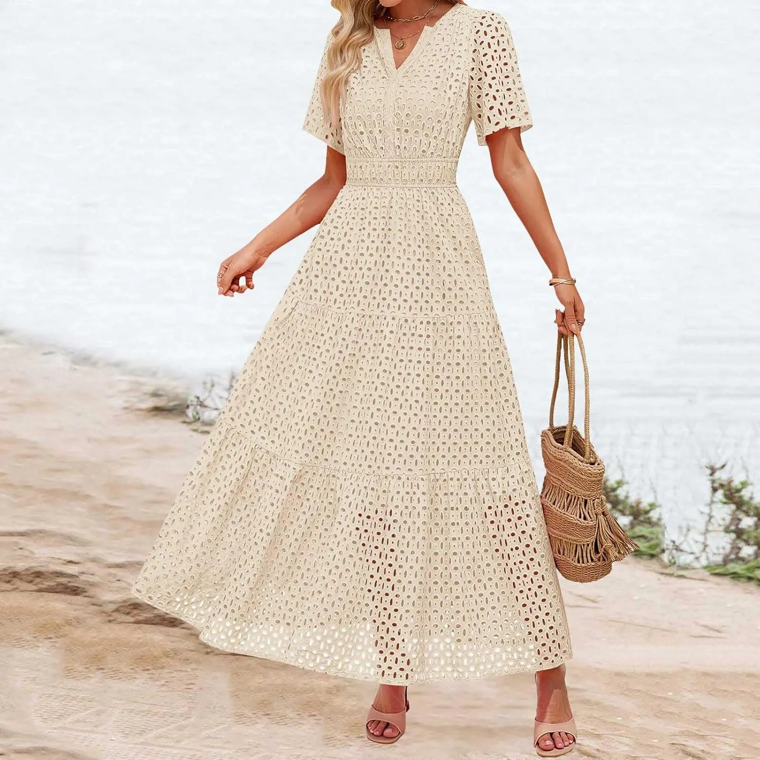 Women's 2025 Summer V Neck Hollow Out Casual Eyelet Ruffle Swing A Line Dress Short Sleeve Boho Long Maxi Dresses