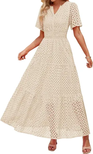 Women's 2025 Summer V Neck Hollow Out Casual Eyelet Ruffle Swing A Line Dress Short Sleeve Boho Long Maxi Dresses