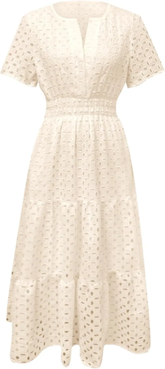 Women's 2025 Summer V Neck Hollow Out Casual Eyelet Ruffle Swing A Line Dress Short Sleeve Boho Long Maxi Dresses