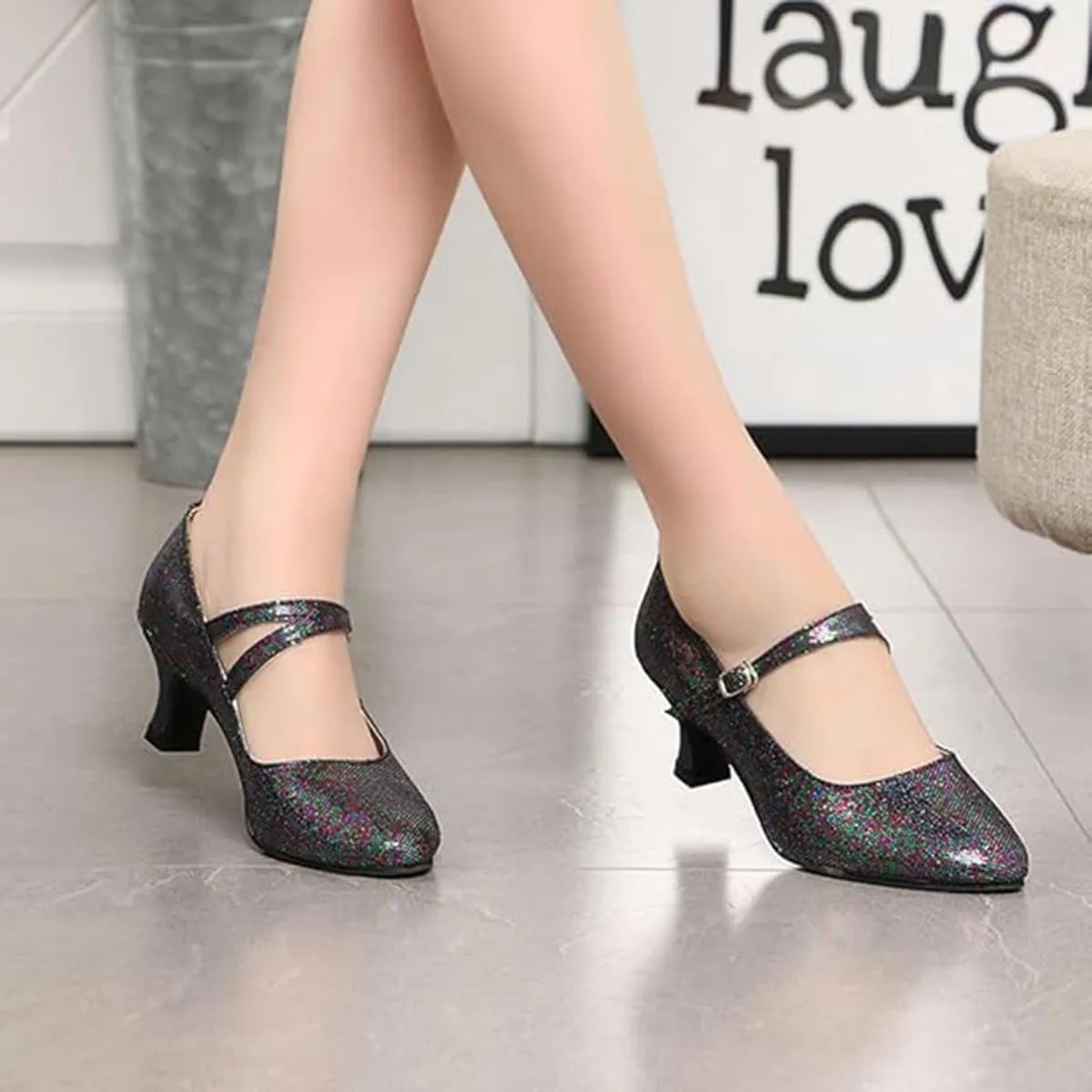 Womens Ballroom Latin Dance Shoes, Glitter Leather Closed Toe Heels Shoes Cowhide Sole for Indoors