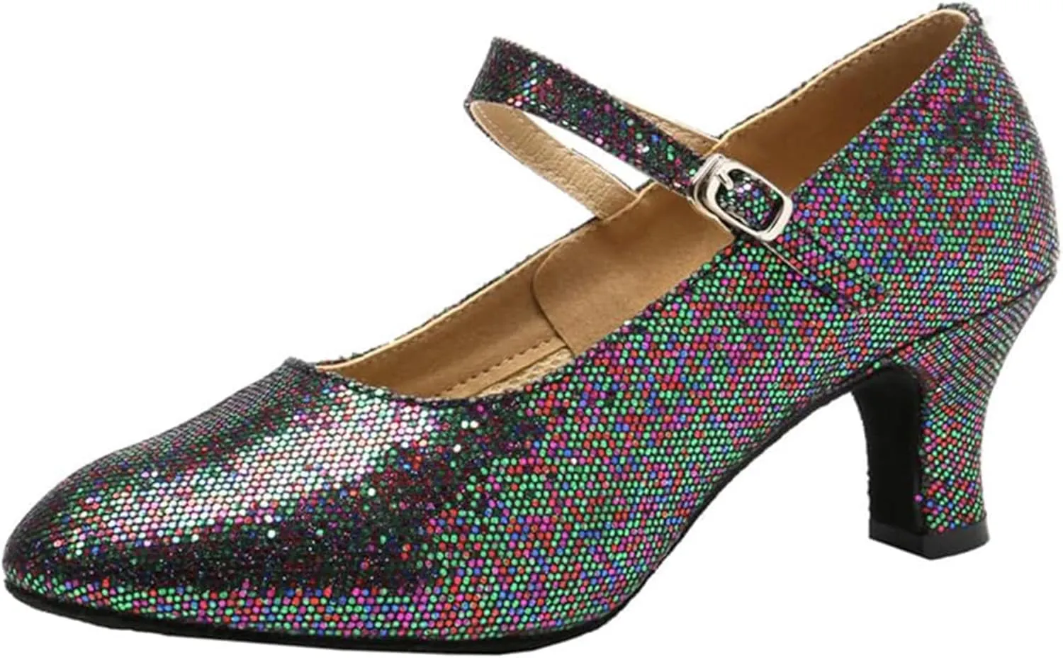 Womens Ballroom Latin Dance Shoes, Glitter Leather Closed Toe Heels Shoes Cowhide Sole for Indoors