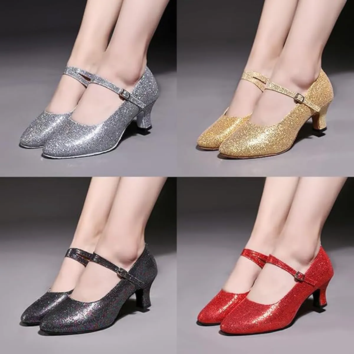Womens Ballroom Latin Dance Shoes, Glitter Leather Closed Toe Heels Shoes Cowhide Sole for Indoors