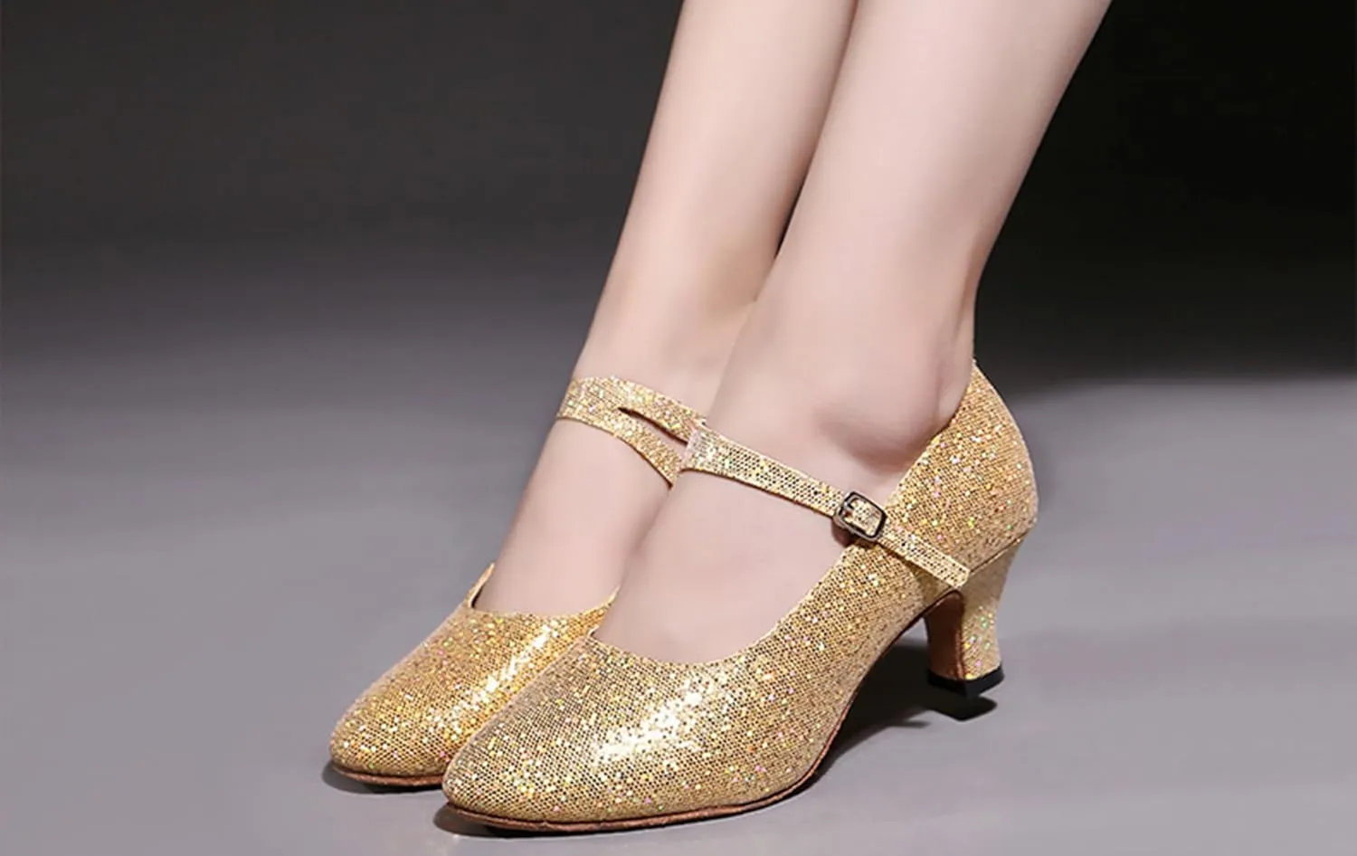 Womens Ballroom Latin Dance Shoes, Glitter Leather Closed Toe Heels Shoes Cowhide Sole for Indoors