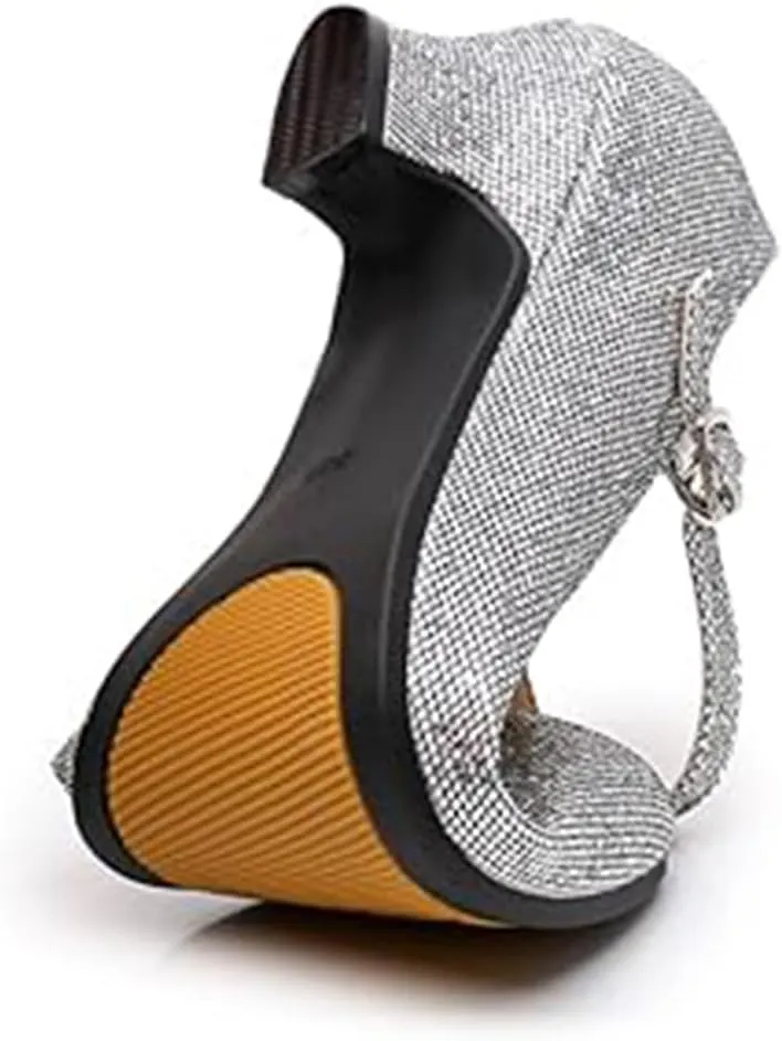 Womens Ballroom Latin Dance Shoes, Glitter Leather Closed Toe Heels Shoes Cowhide Sole for Indoors