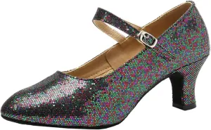 Womens Ballroom Latin Dance Shoes, Glitter Leather Closed Toe Heels Shoes Cowhide Sole for Indoors