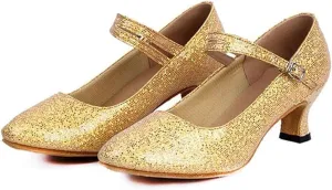 Womens Ballroom Latin Dance Shoes, Glitter Leather Closed Toe Heels Shoes Cowhide Sole for Indoors
