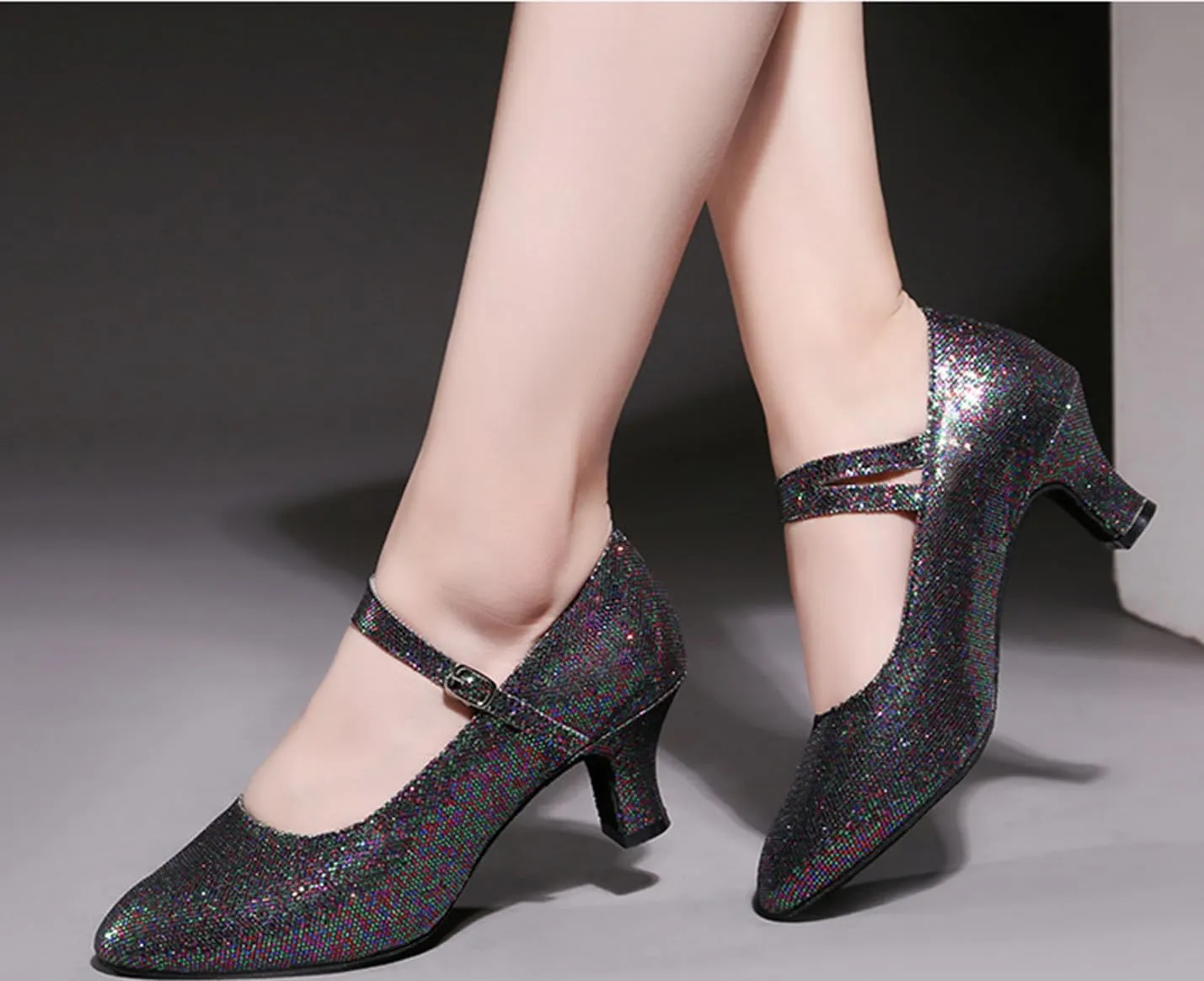 Womens Ballroom Latin Dance Shoes, Glitter Leather Closed Toe Heels Shoes Cowhide Sole for Indoors