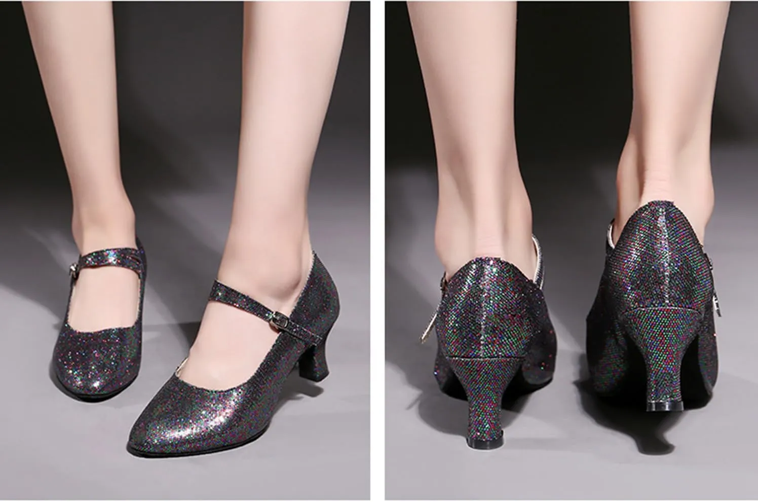 Womens Ballroom Latin Dance Shoes, Glitter Leather Closed Toe Heels Shoes Cowhide Sole for Indoors