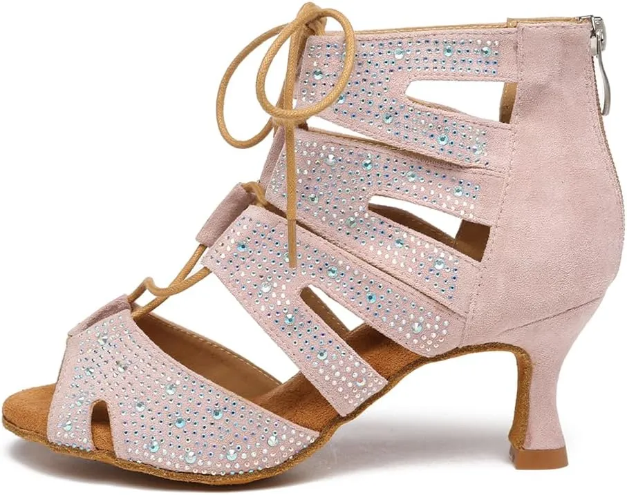 Women's Ballroom Latin Salsa Dance Shoes Lace-Up Open-Toe Dance Boots Heels,YCL570
