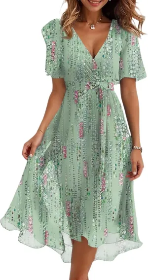 Womens Boho Floral Printed Chiffon Dresses 2025 Elegant V Neck Summer Wedding Prom Cocktail Midi Dresses