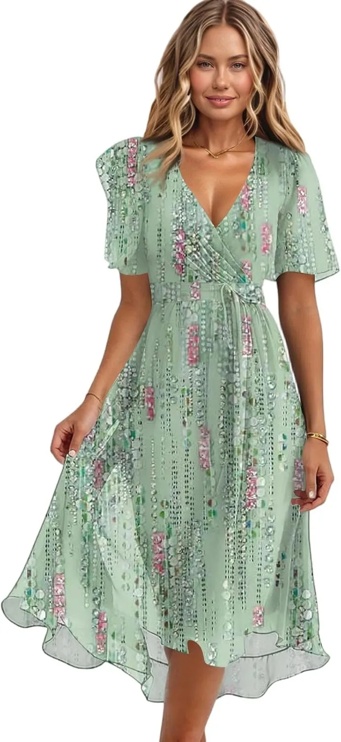 Womens Boho Floral Printed Chiffon Dresses 2025 Elegant V Neck Summer Wedding Prom Cocktail Midi Dresses