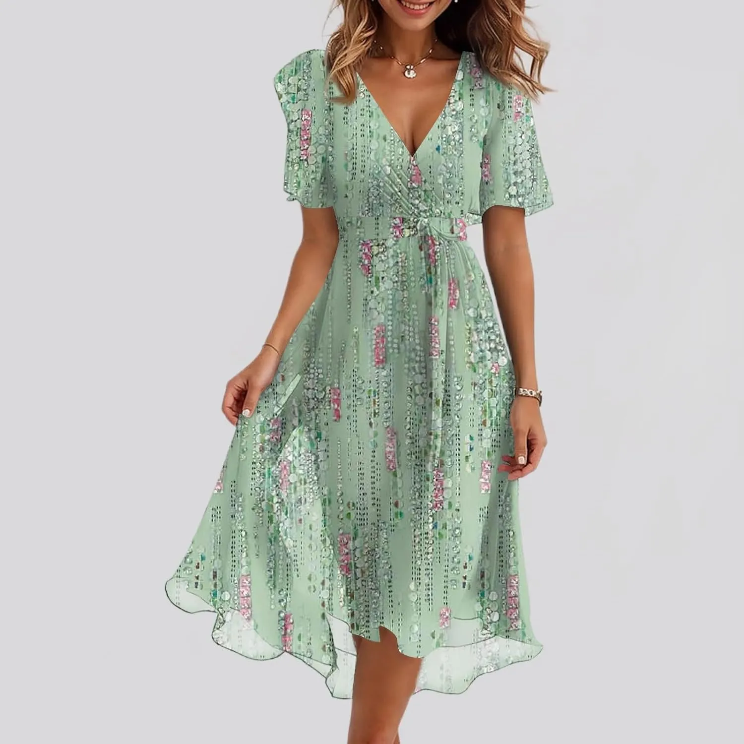 Womens Boho Floral Printed Chiffon Dresses 2025 Elegant V Neck Summer Wedding Prom Cocktail Midi Dresses