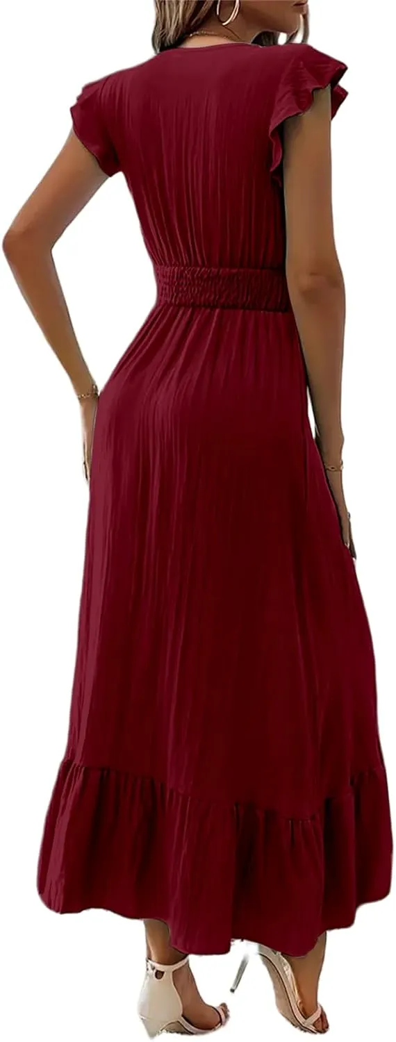 Women's Casual Dress Ruffle Sleeve Flowy Maxi Dress Sexy V Neck Wrap Dresses Empire Waist Wedding Guest Long Dresses