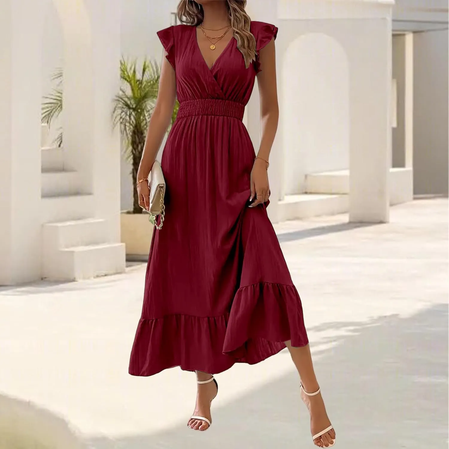Women's Casual Dress Ruffle Sleeve Flowy Maxi Dress Sexy V Neck Wrap Dresses Empire Waist Wedding Guest Long Dresses