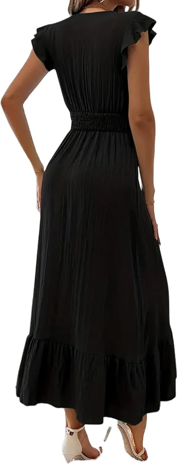 Women's Casual Dress Ruffle Sleeve Flowy Maxi Dress Sexy V Neck Wrap Dresses Empire Waist Wedding Guest Long Dresses