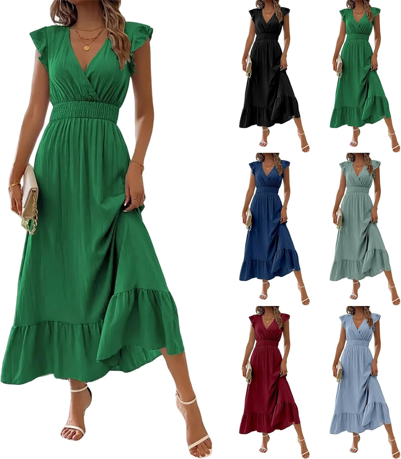 Women's Casual Dress Ruffle Sleeve Flowy Maxi Dress Sexy V Neck Wrap Dresses Empire Waist Wedding Guest Long Dresses