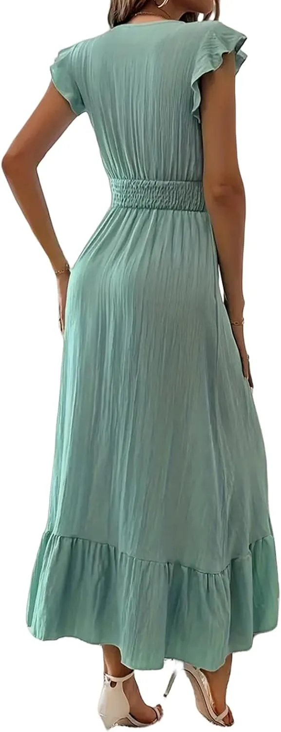 Women's Casual Dress Ruffle Sleeve Flowy Maxi Dress Sexy V Neck Wrap Dresses Empire Waist Wedding Guest Long Dresses