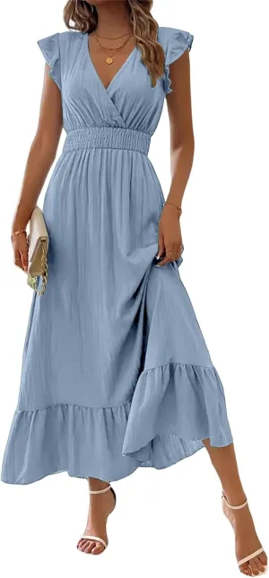 Women's Casual Dress Ruffle Sleeve Flowy Maxi Dress Sexy V Neck Wrap Dresses Empire Waist Wedding Guest Long Dresses