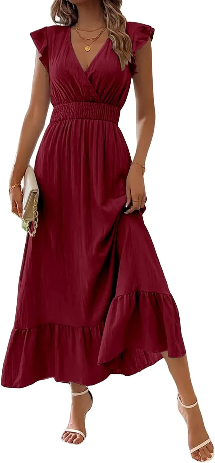 Women's Casual Dress Ruffle Sleeve Flowy Maxi Dress Sexy V Neck Wrap Dresses Empire Waist Wedding Guest Long Dresses