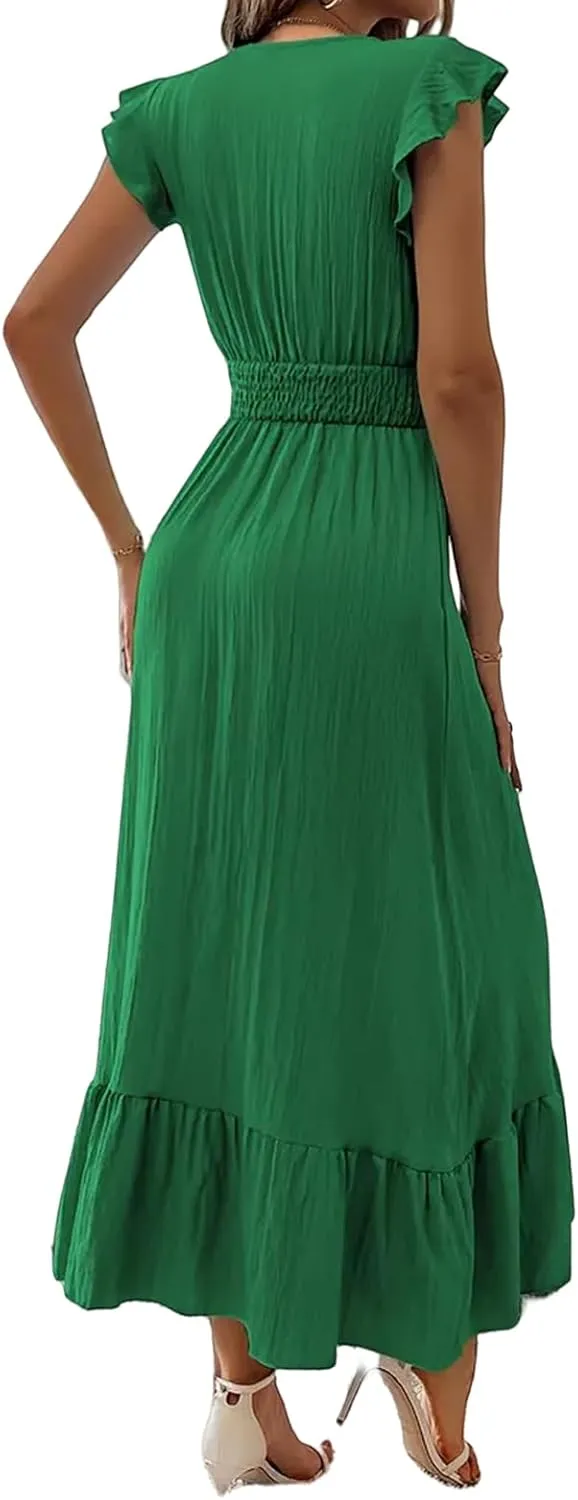 Women's Casual Dress Ruffle Sleeve Flowy Maxi Dress Sexy V Neck Wrap Dresses Empire Waist Wedding Guest Long Dresses