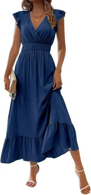 Women's Casual Dress Ruffle Sleeve Flowy Maxi Dress Sexy V Neck Wrap Dresses Empire Waist Wedding Guest Long Dresses