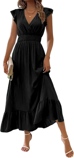 Women's Casual Dress Ruffle Sleeve Flowy Maxi Dress Sexy V Neck Wrap Dresses Empire Waist Wedding Guest Long Dresses