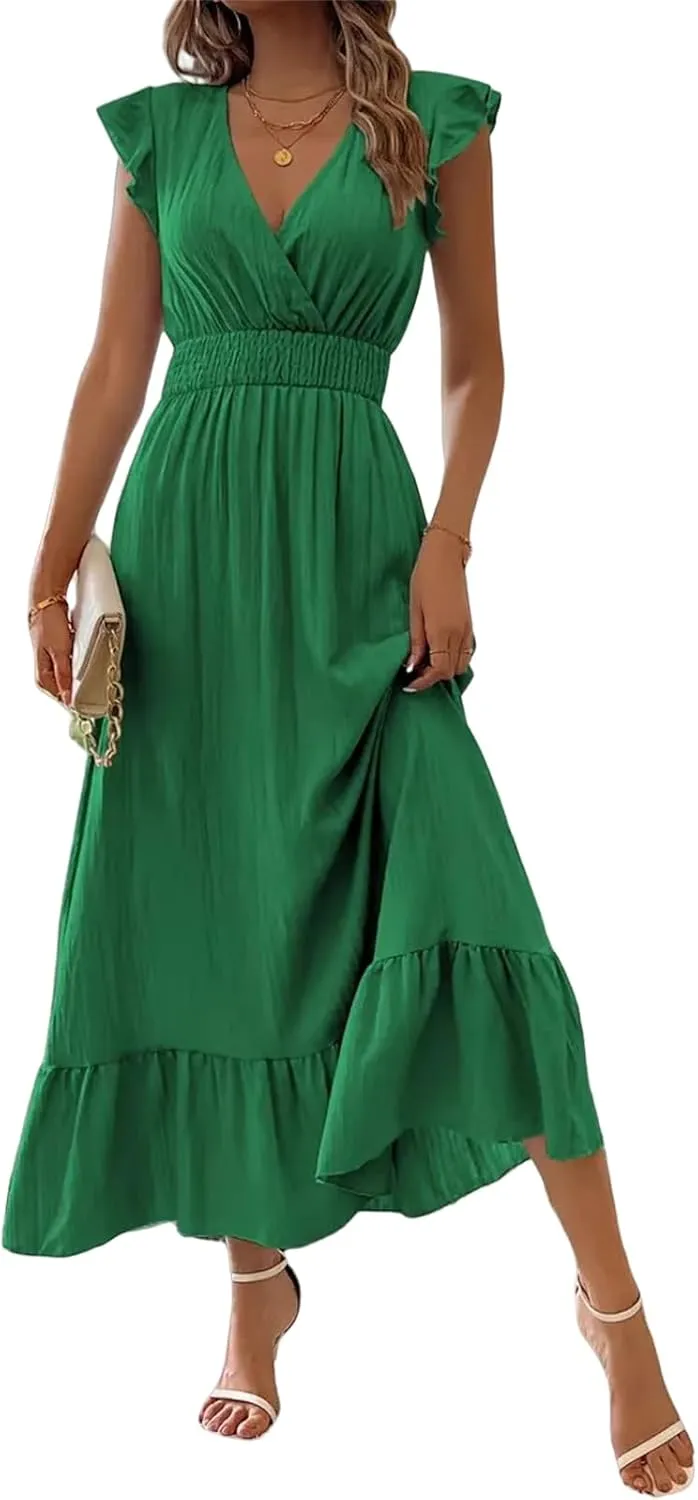 Women's Casual Dress Ruffle Sleeve Flowy Maxi Dress Sexy V Neck Wrap Dresses Empire Waist Wedding Guest Long Dresses