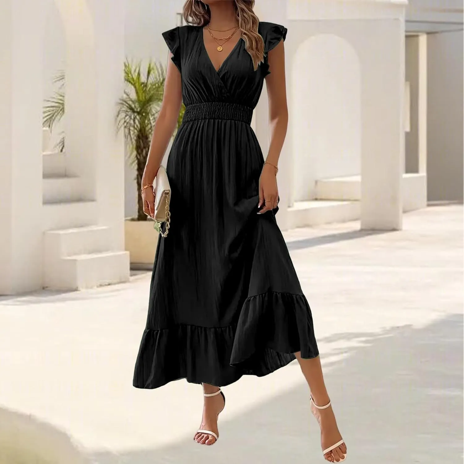 Women's Casual Dress Ruffle Sleeve Flowy Maxi Dress Sexy V Neck Wrap Dresses Empire Waist Wedding Guest Long Dresses