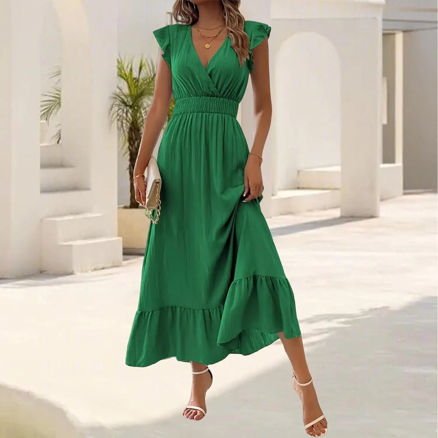 Women's Casual Dress Ruffle Sleeve Flowy Maxi Dress Sexy V Neck Wrap Dresses Empire Waist Wedding Guest Long Dresses