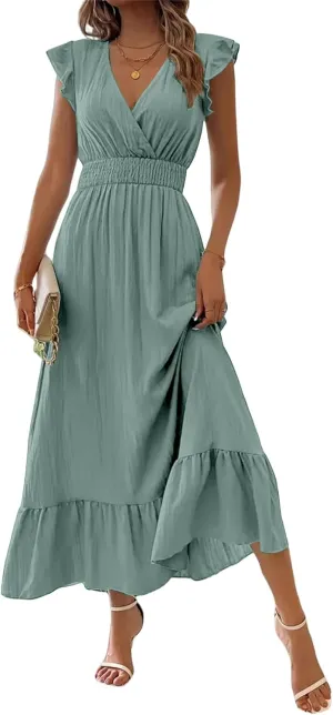Women's Casual Dress Ruffle Sleeve Flowy Maxi Dress Sexy V Neck Wrap Dresses Empire Waist Wedding Guest Long Dresses