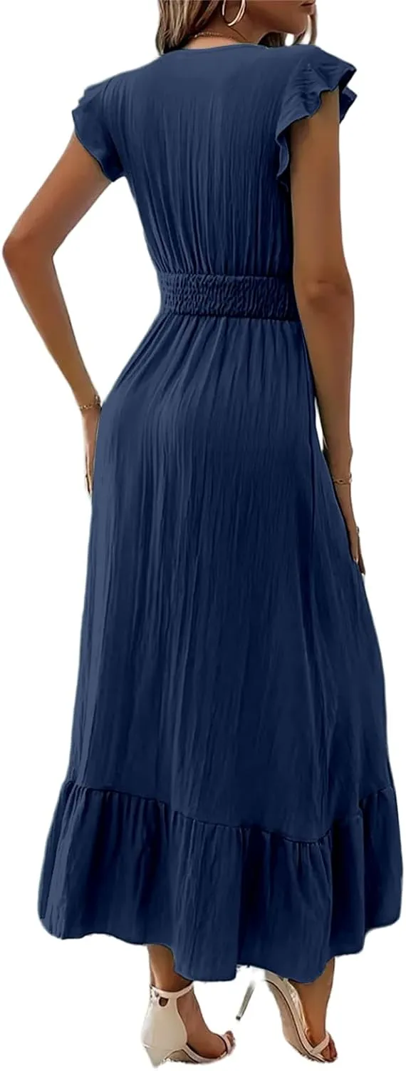 Women's Casual Dress Ruffle Sleeve Flowy Maxi Dress Sexy V Neck Wrap Dresses Empire Waist Wedding Guest Long Dresses