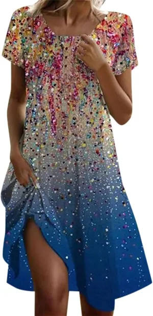 Women's Casual Dress Short Sleeve Sundresses Vacation Summer Dresses 2025 Beach Boho Floral A-Line Tshirt Dress with Pockets