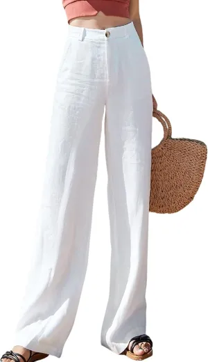 Womens Casual High Waist Pants Cotton Linen Wide Leg Pants Botton Up Palazzo Trousers