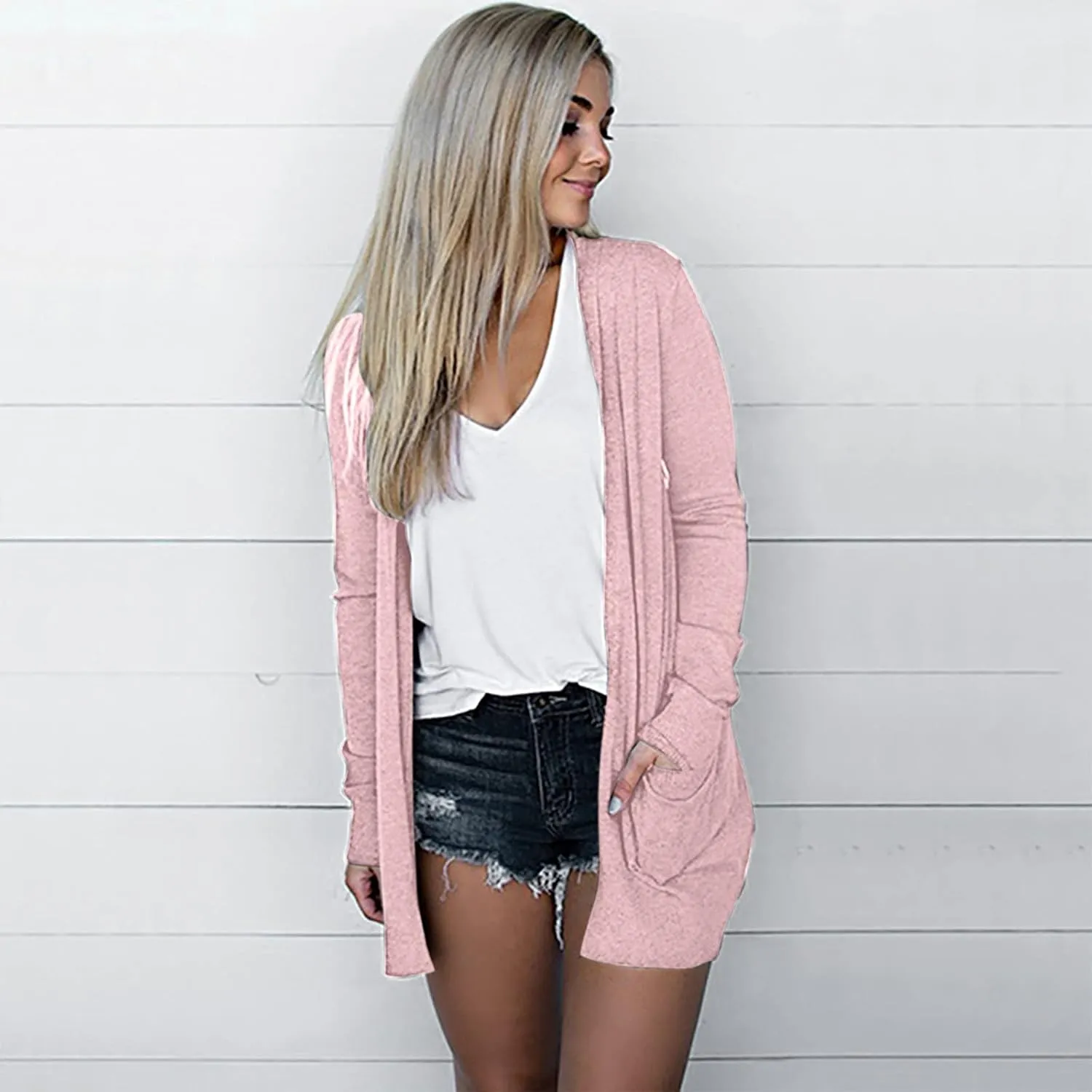 Women's Casual Open Front Cardigan Long Sweaters Plus Size Solid Color Long Sleeve Sweaters Outwear Coat with Pockets