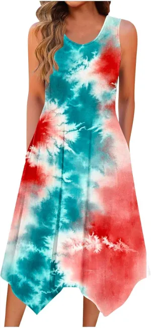 Women's Casual Summer Dress Sleeveless Loose Flowy Beach Tank Dress Hankerchief Flare Midi Sundress with Pockets