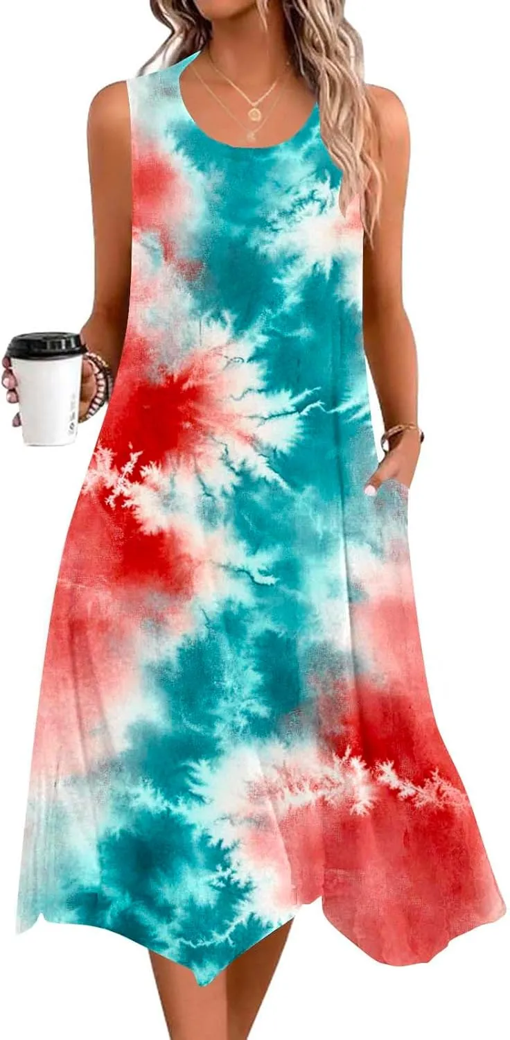 Women's Casual Summer Dress Sleeveless Loose Flowy Beach Tank Dress Hankerchief Flare Midi Sundress with Pockets