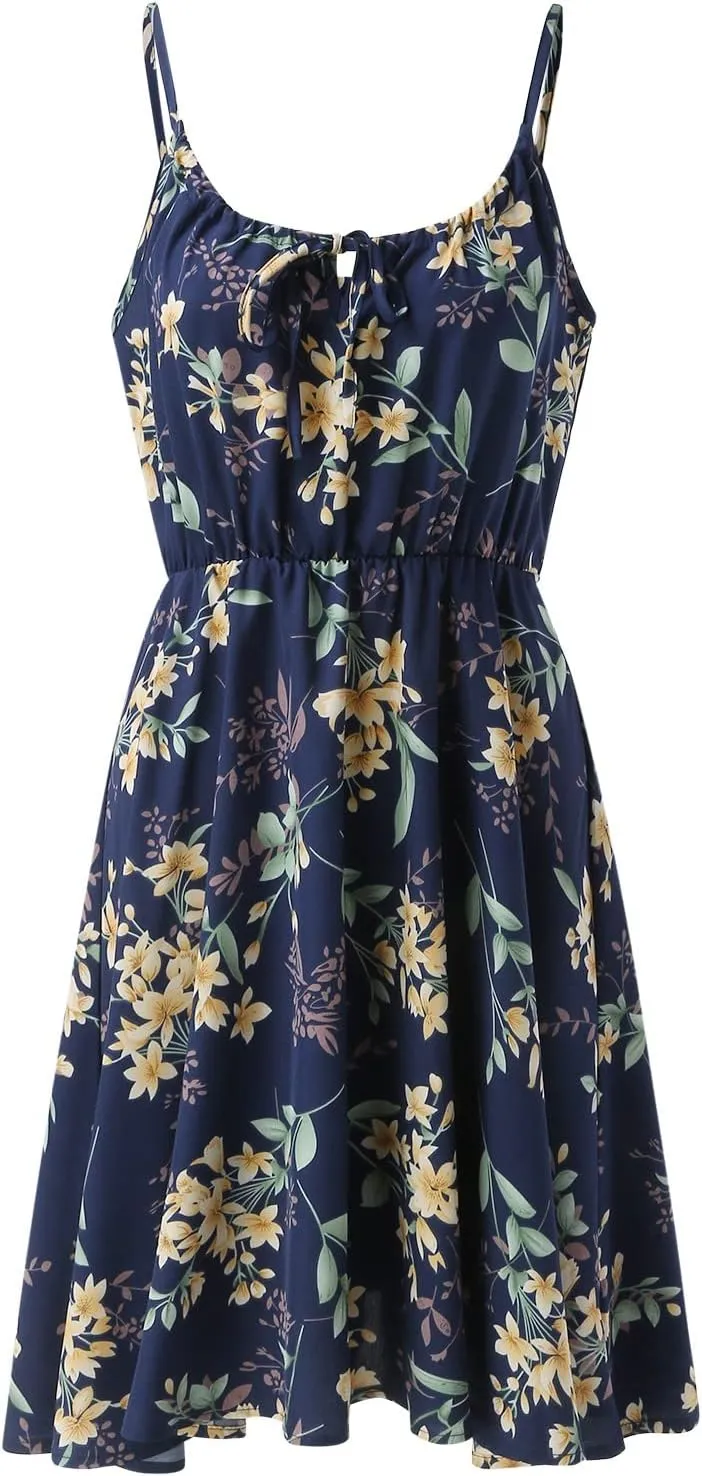 Women's Causal Floral Sundress Spaghetti Strap Sleeveless Flowy Swing Boho Beach Mini Summer Dress