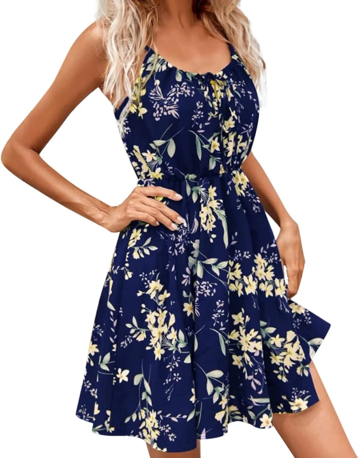 Women's Causal Floral Sundress Spaghetti Strap Sleeveless Flowy Swing Boho Beach Mini Summer Dress