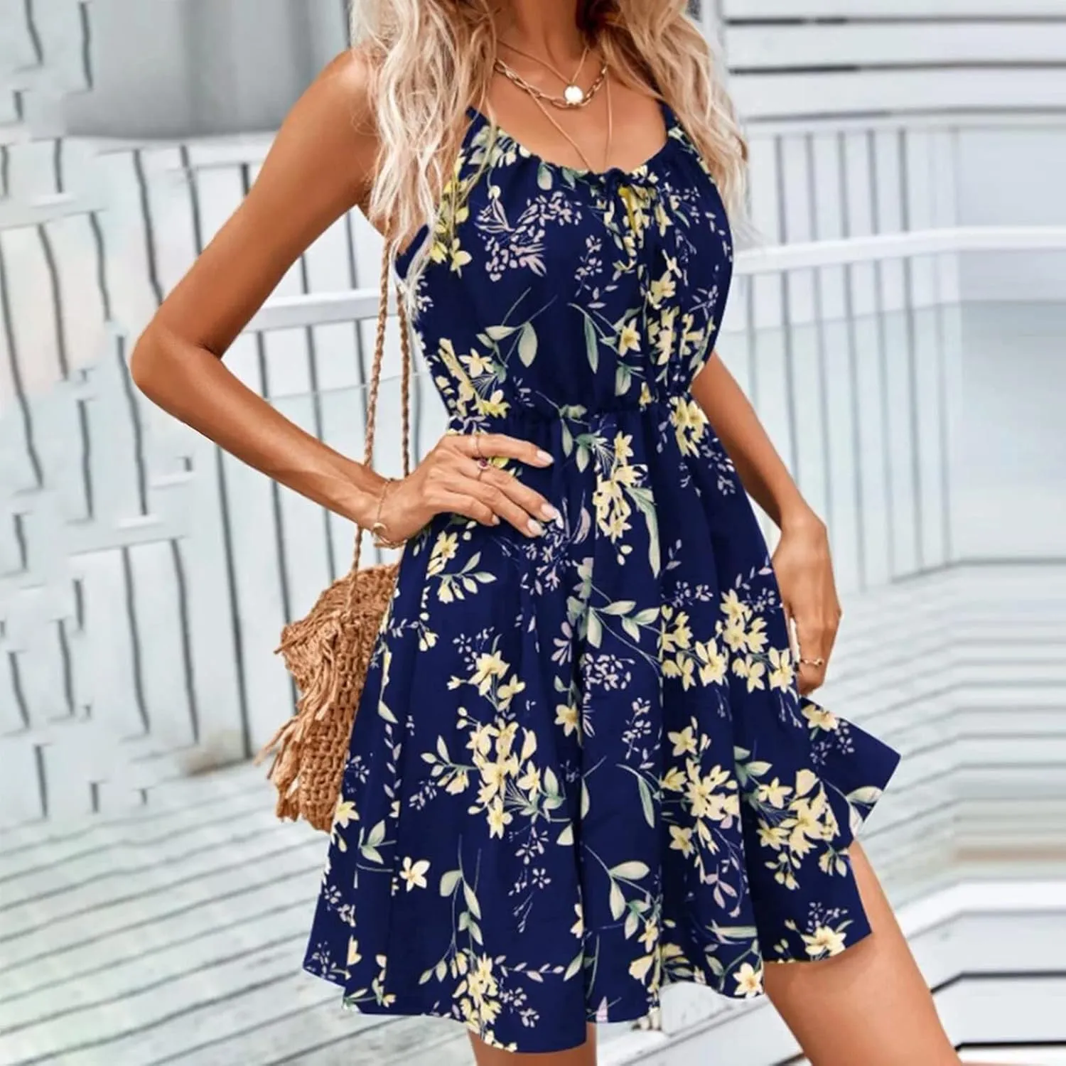 Women's Causal Floral Sundress Spaghetti Strap Sleeveless Flowy Swing Boho Beach Mini Summer Dress