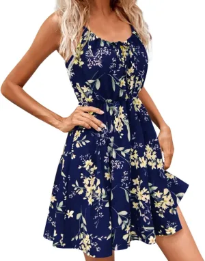 Women's Causal Floral Sundress Spaghetti Strap Sleeveless Flowy Swing Boho Beach Mini Summer Dress