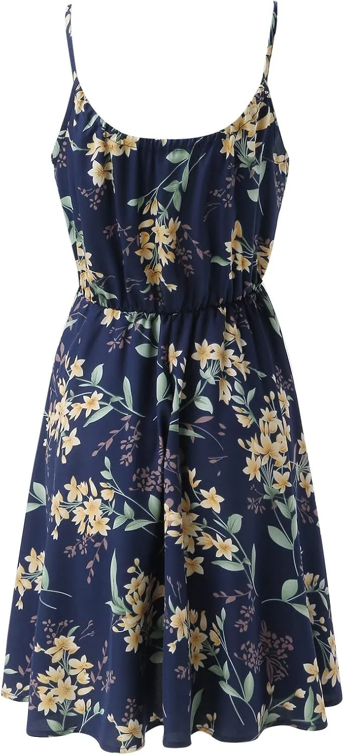 Women's Causal Floral Sundress Spaghetti Strap Sleeveless Flowy Swing Boho Beach Mini Summer Dress
