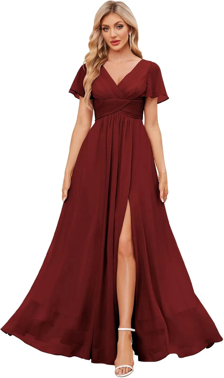 Women's Chiffon Bridesmaid Dresses with Sleeves Long Slit Formal Evening Gown