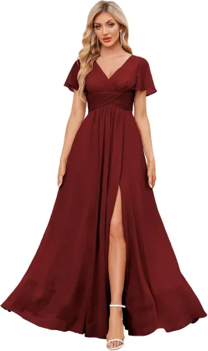 Women's Chiffon Bridesmaid Dresses with Sleeves Long Slit Formal Evening Gown