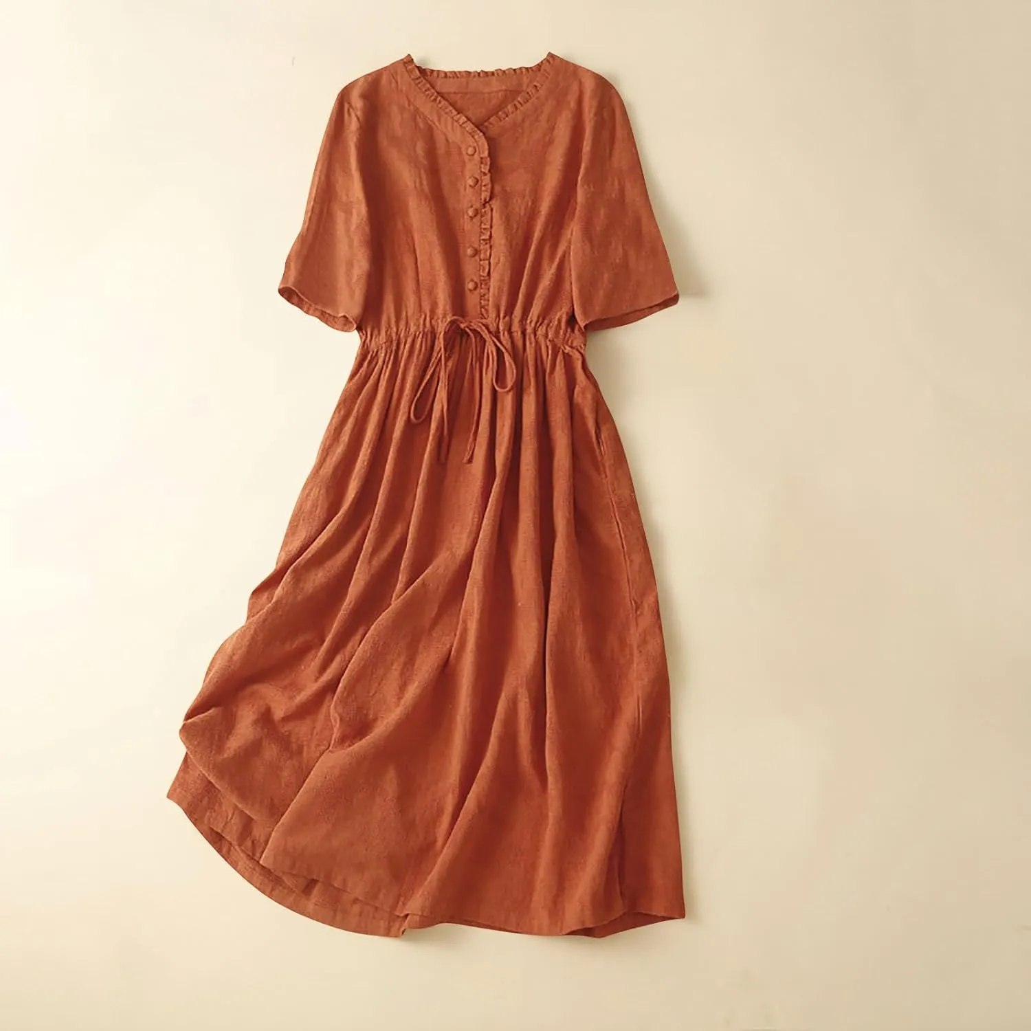 Women's Cotton Linen Dresses Summer Embroidered Sleeve A Line Comfy Cotton Maxi Dress Trendy Summer Vacation Clothes