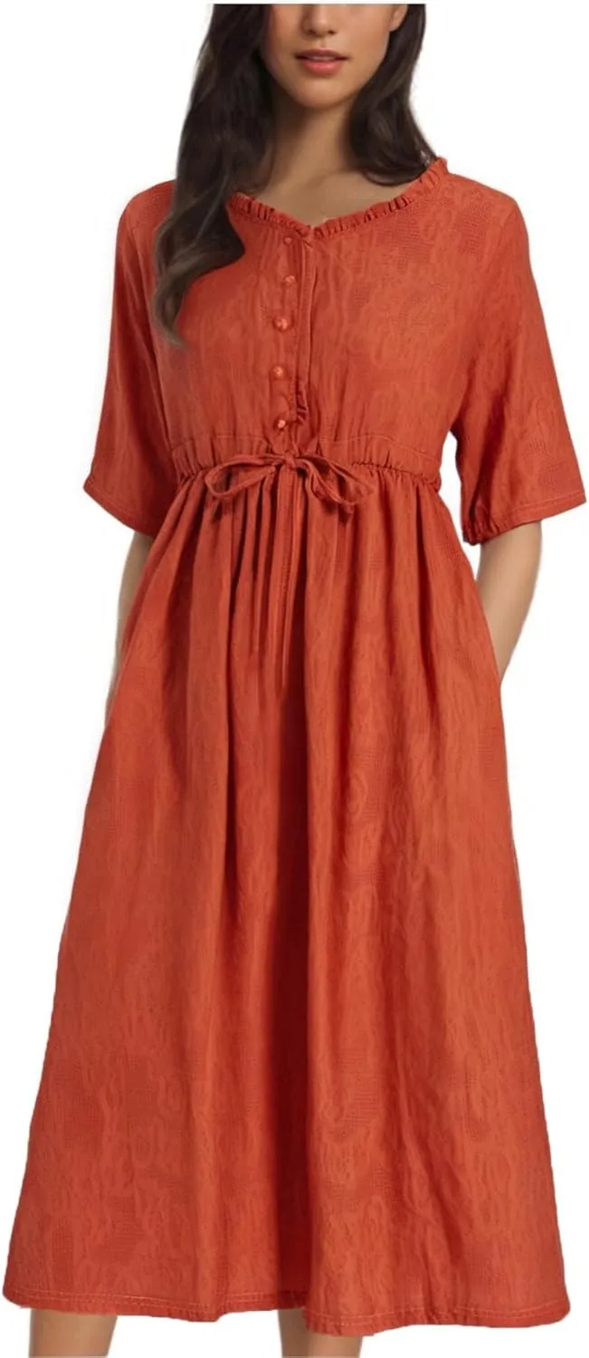 Women's Cotton Linen Dresses Summer Embroidered Sleeve A Line Comfy Cotton Maxi Dress Trendy Summer Vacation Clothes