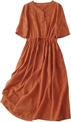 Women's Cotton Linen Dresses Summer Embroidered Sleeve A Line Comfy Cotton Maxi Dress Trendy Summer Vacation Clothes