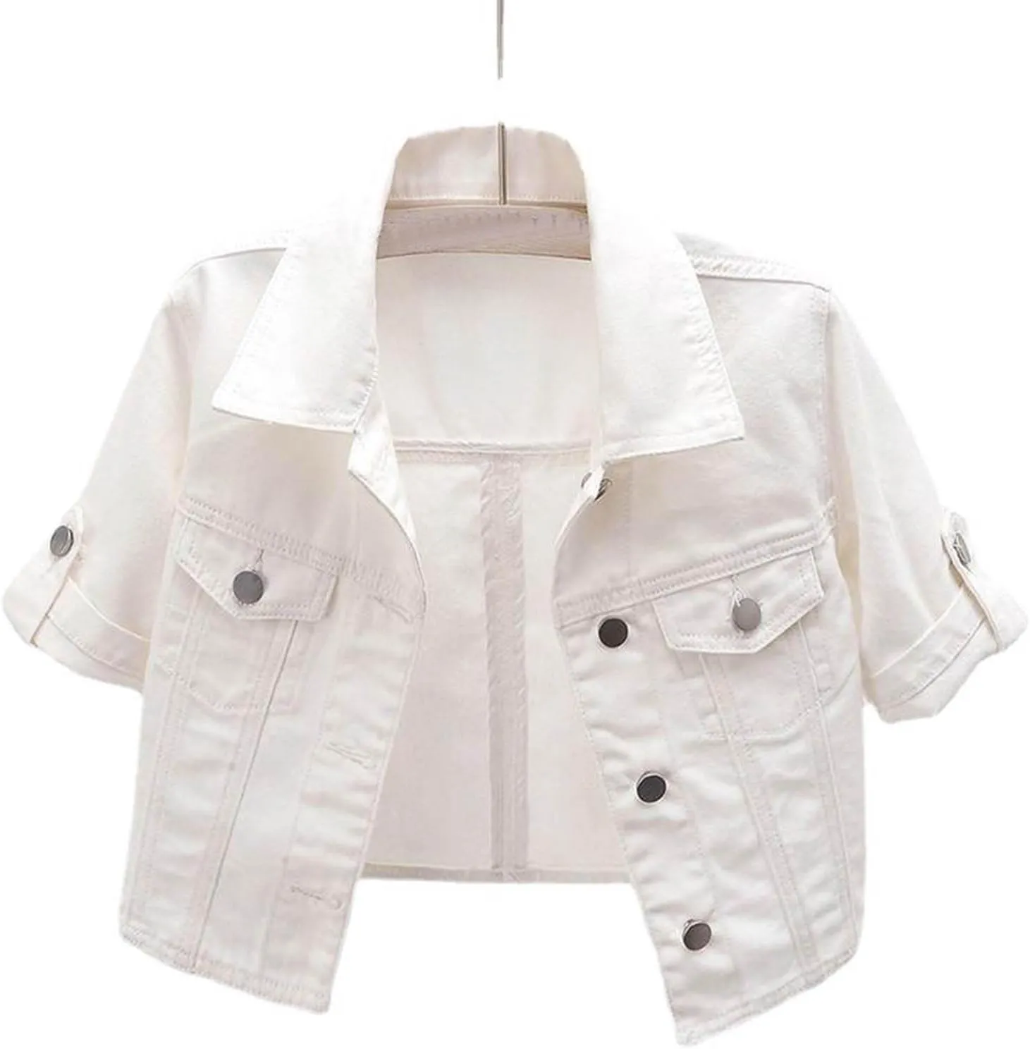 Women's Cropped Denim Jackets Button Down Short Sleeve Jean Jacket with Pockets Fashion Y2k Crop Tops Casual Jackets